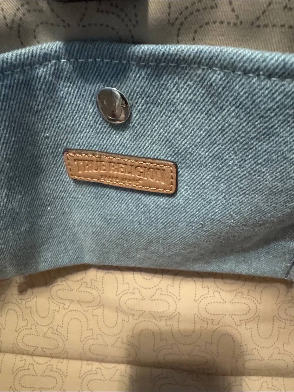 True Religion Blue Canvas Tote with Tan Leather Handles